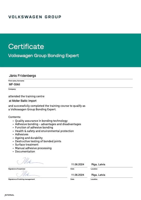Volkswagen Group Bonding Expert sertifikāts, Jānis Frīdenbergs, 2024
